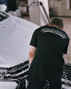 Professional cleaning a white car with foam in an
