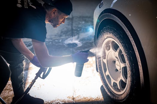 A man meticulously cleaning a car tire with a spra