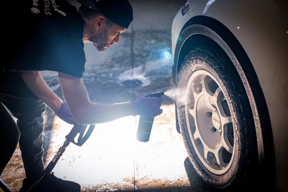 A man meticulously cleaning a car tire with a spra