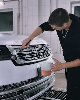 A man washing a white luxury vehicles grill in an