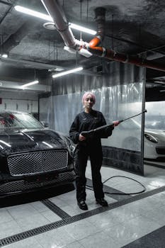 A woman uses a pressure washer on luxury cars in a