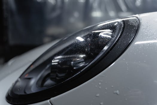 Detailed shot of a sleek car headlight with water