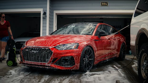 A red sports car is being cleaned with soap in a d