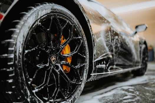 Detailed close up of a luxury car wheel covered in
