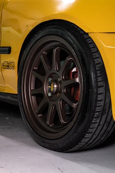 Detailed view of a custom car wheel with alloy rim