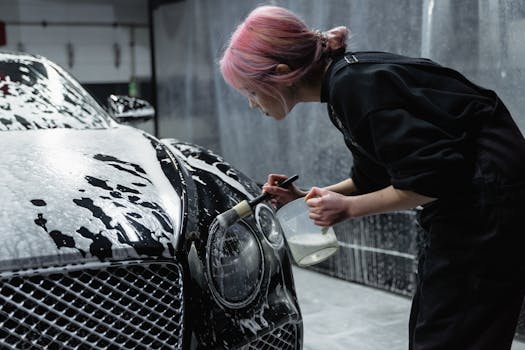 A woman with pink hair meticulously cleans a black