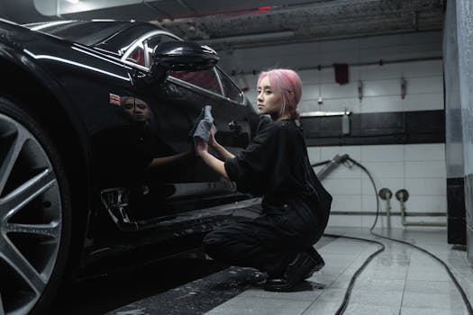 A young female worker polishing a black luxury car