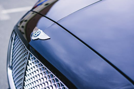 Detailed view of a polished luxury car hood with e