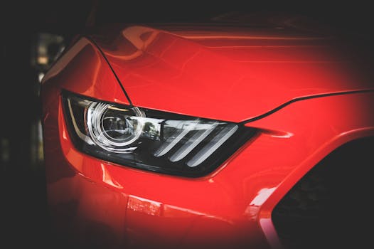 Detailed view of a red Ford Mustangs headlight sho