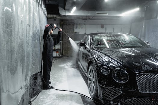 A person in a garage power washing a black car cov