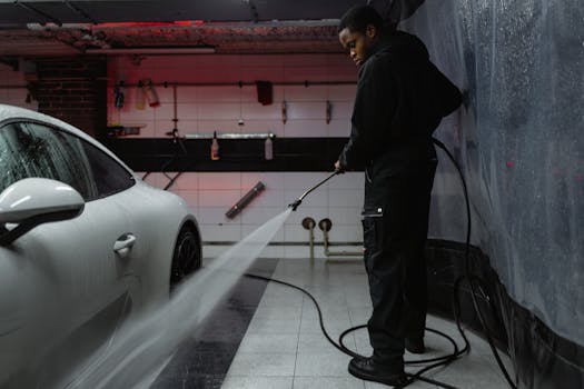 African American man cleaning a white car with a p